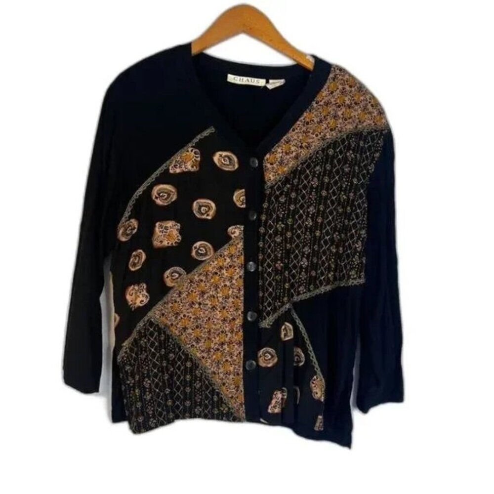 Chaus Black Mixed Print Patchwork Patchy Button Front Vneck Blouse Size 6